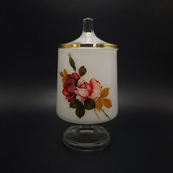 Vintage Frosted Glass Apothecary Jar With Floral Design Gold Trim - Picture 1 of 13
